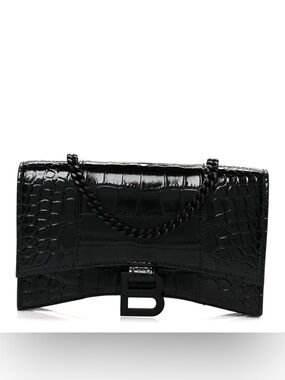 Balenciaga Black Croc-Embossed Hourglass Crossbody Chain Bag w/ Metal 'B' Accent